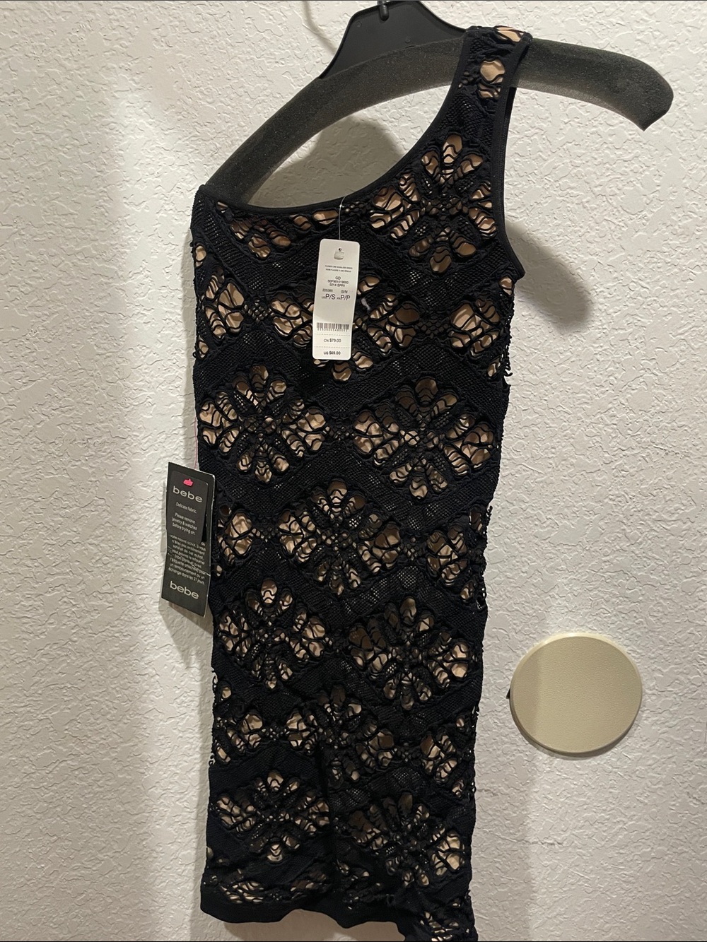 bebe Black Lace One-Shoulder Dress with Nude Lining